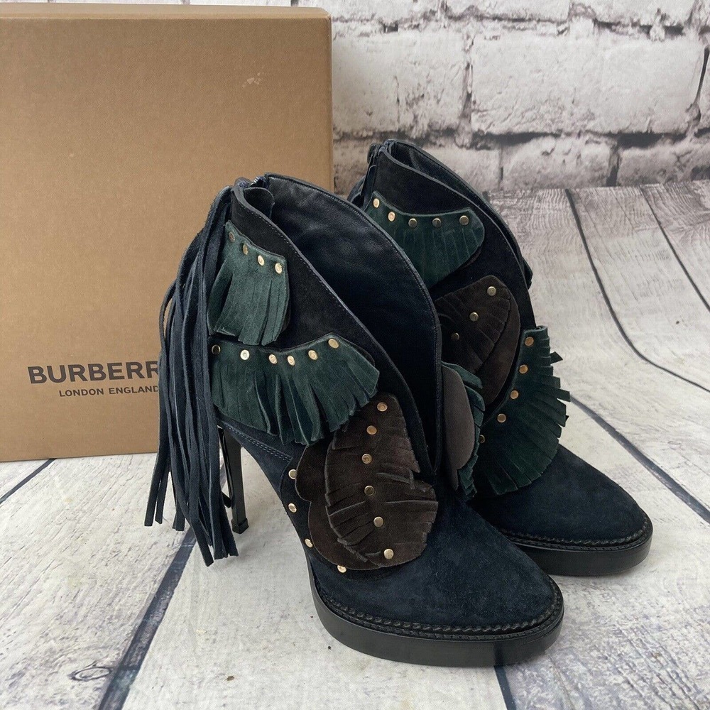 Burberry Prorsum Brown Navy Green Runway Lilybell Cut Ankle Bootie Women 37.5